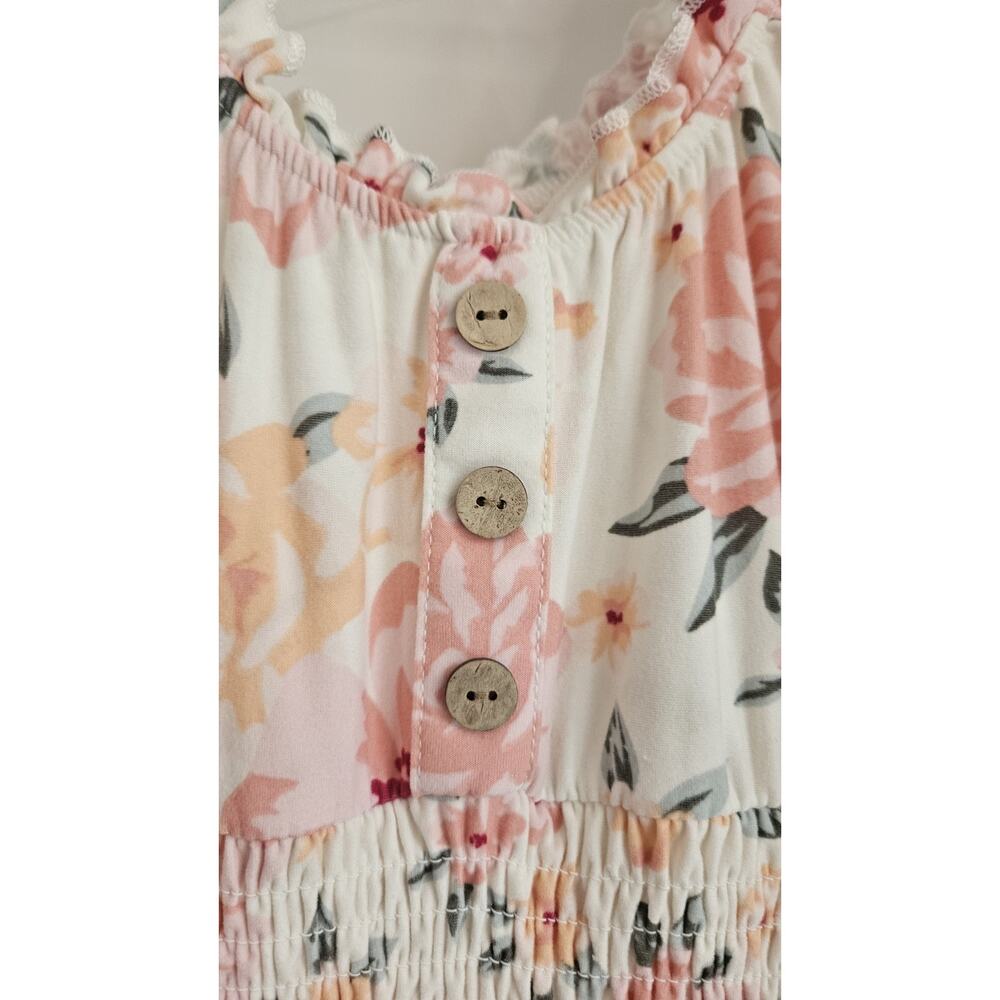 No Boundaries Mini Dress Size XS Cream Pink Floral Stretch Ruffles Smocked Waist - Picture 6 of 10